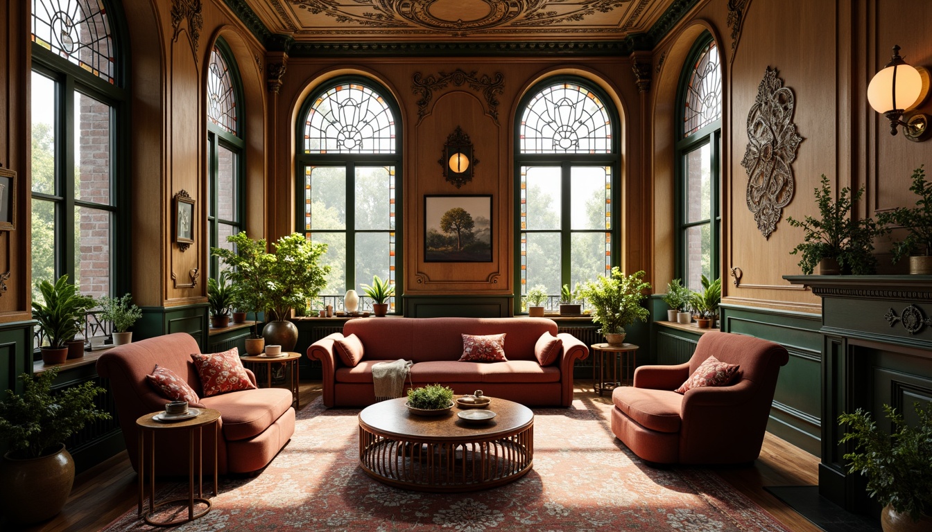 Prompt: Elegant Art Nouveau apartment interior, sinuous lines, organic shapes, flowing curves, ornate metalwork, stained glass windows, luxurious fabrics, velvet sofas, wooden armchairs, curved coffee tables, intricately carved wooden panels, floral patterns, subtle color palette, warm soft lighting, shallow depth of field, 1/1 composition, detailed textures, ambient occlusion.