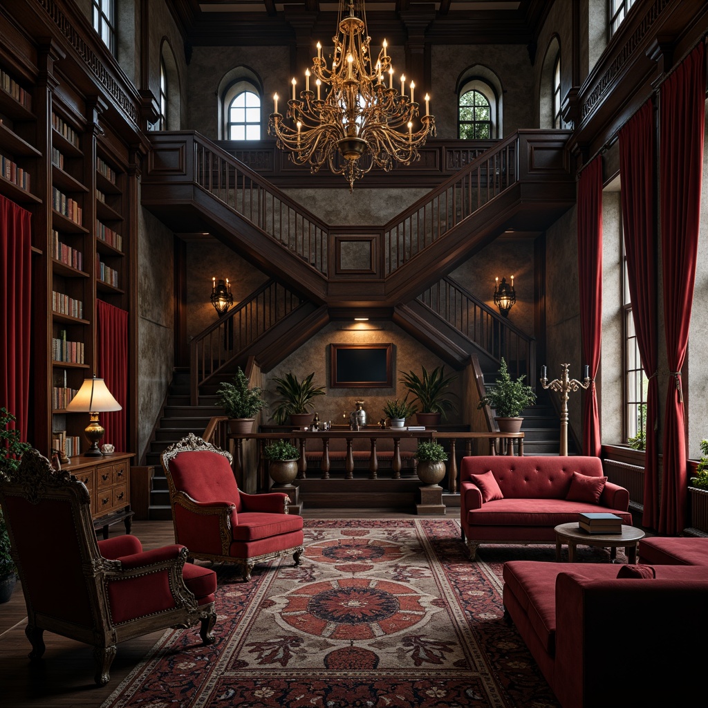 Prompt: Dark academia-inspired interior, ornate wooden furniture, intricately carved chairs, velvet-upholstered sofas, mysterious crimson curtains, grandiose chandeliers, ancient tomes, mysterious artifacts, dimly lit atmosphere, warm candlelight, rich tapestries, stone walls, medieval-inspired decor, heavy drapery, luxurious fabrics, mysterious ambiance, dramatic archways, grand staircases, ornate metalwork, mystical symbols, eerie silence.