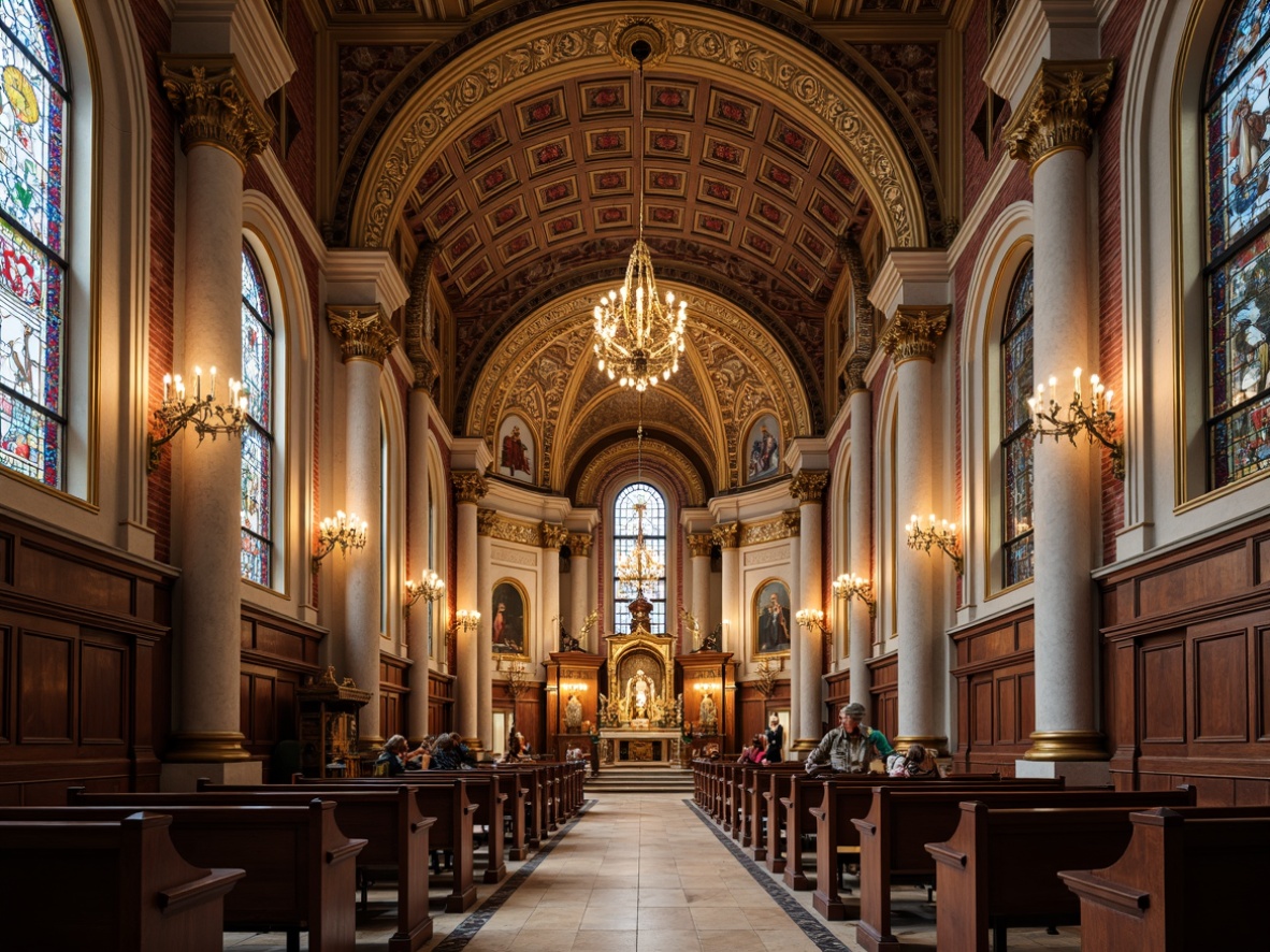 Prompt: Elegant church interior, ornate stone carvings, rich wood tones, stained glass windows, intricate marble patterns, high ceilings, grand archways, ornamental columns, golden accents, sacred symbols, lavish chandeliers, soft warm lighting, shallow depth of field, 1/2 composition, symmetrical balance, realistic textures, ambient occlusion.