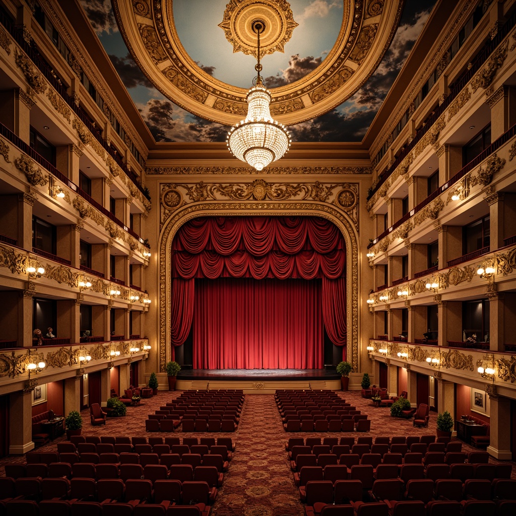 Prompt: Grand opera house, opulent interior, rich velvet curtains, intricately carved wooden panels, ornate golden chandeliers, majestic staircase, grand balconies, red plush seating, lavish fresco ceilings, intricate moldings, Baroque-inspired architectural details, dramatic spotlights, warm soft lighting, shallow depth of field, 1/2 composition, symmetrical framing, realistic textures, ambient occlusion.