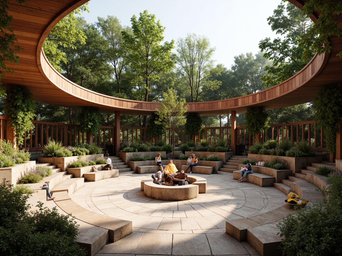 Prompt: Earthy amphitheater, natural stone seating, wooden benches, lush greenery, reclaimed wood accents, living walls, cascading plants, organic curves, rustic steel structures, earthy tones, warm sunlight, soft shadows, shallow depth of field, 1/2 composition, panoramic view, realistic textures, ambient occlusion.