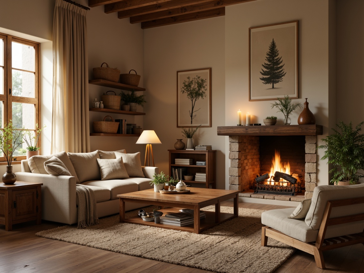 Prompt: Cozy apartment interior, warm beige walls, plush area rug, comfortable sectional sofa, soft cushions, wooden coffee table, vintage decor items, dimmable table lamps, warm white lighting, fragrant essential oils, scented candles, crackling fireplace, natural stone surround, woven baskets, potted greenery, rustic wooden shelves, minimal ornaments, soft background music, relaxed atmosphere.