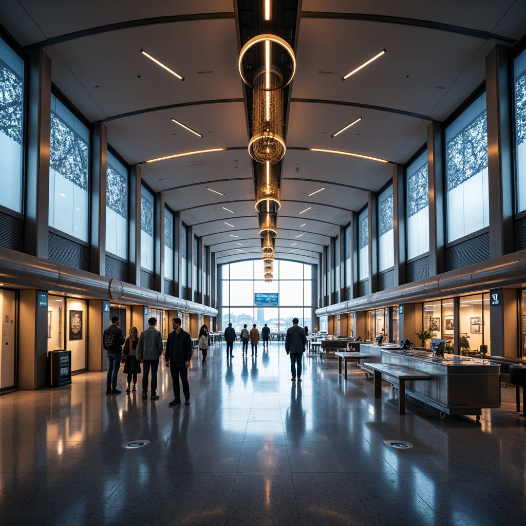 Prompt: Sleek airport terminal, modern architecture, high ceilings, minimalist design, elegant curves, polished steel columns, LED lighting strips, futuristic chandeliers, suspended lamps, geometric patterns, ambient warm glow, soft diffused light, 1/1 composition, shallow depth of field, realistic textures, atmospheric rendering.