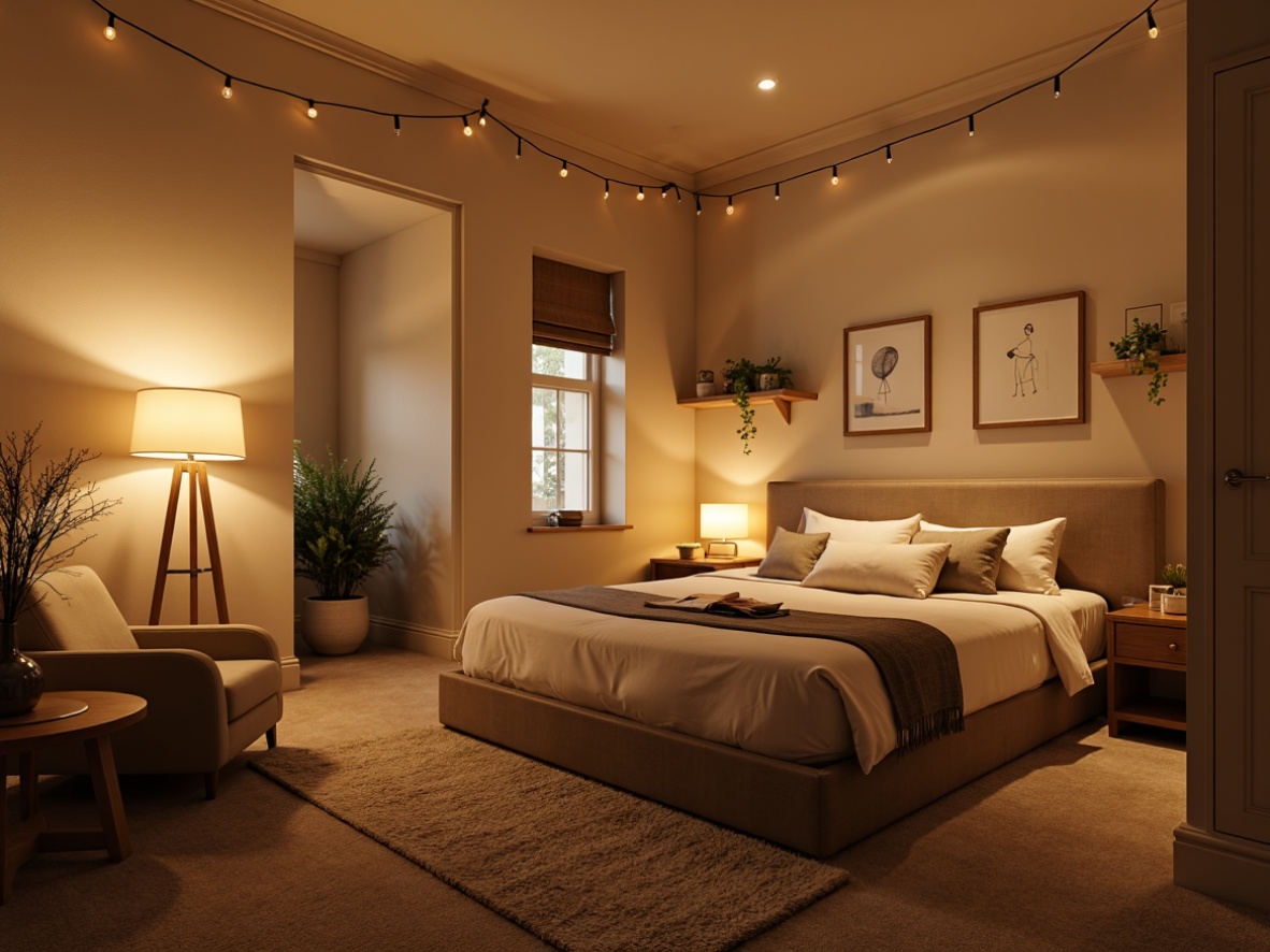 Prompt: Cozy dorm room, warm beige walls, soft carpet flooring, comfortable bedding, modern minimalist furniture, task lamps, floor lamps, table lamps, string lights, warm white lighting, ambient glow, layered lighting effects, 1/1 composition, shallow depth of field, realistic textures, subtle shadows, warm color palette, inviting atmosphere, relaxing ambiance, soothing color scheme.