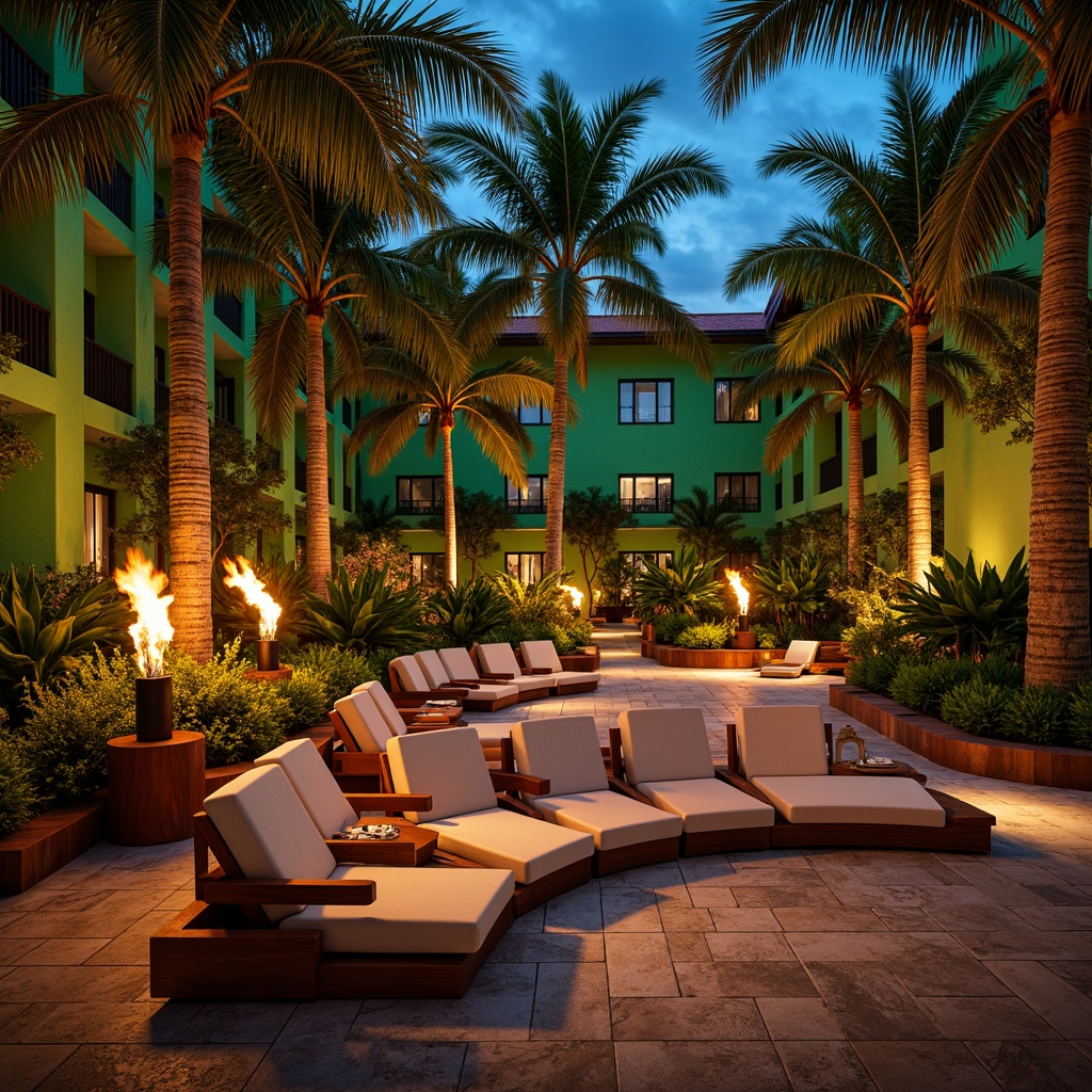 Prompt: Vibrant tropical theater, lush green walls, exotic palm trees, colorful tiki torches, plush cushioned seats, ergonomic chair designs, curved rows, stepped platforms, wooden accents, woven rattan patterns, natural fiber textiles, ambient warm lighting, soft focus spotlighting, shallow depth of field, 3/4 composition, panoramic view, realistic textures, ambient occlusion.