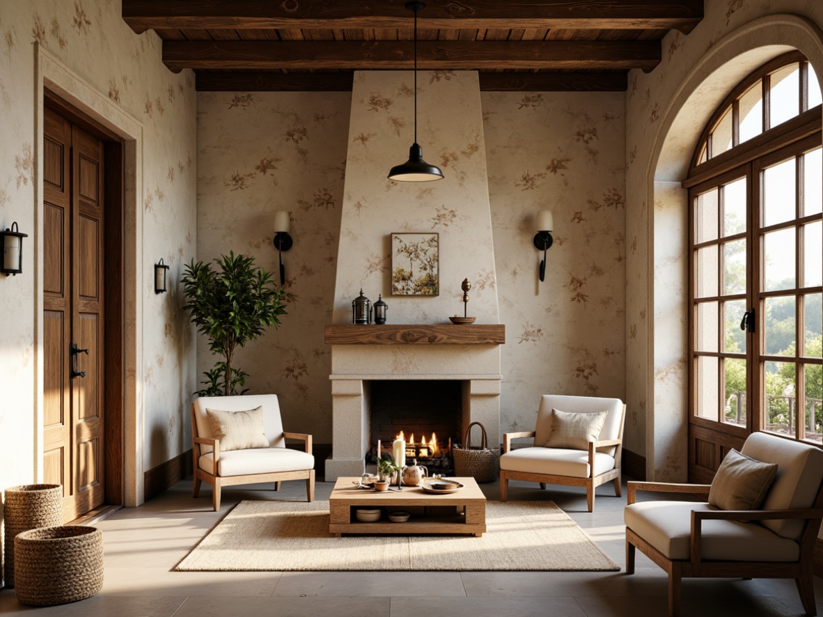 Prompt: Rustic stone walls, distressed wood panels, soft cream-colored plaster, vintage floral patterns, ornate metalwork, aged brick facades, elegant sconces, warm candlelight, natural linen fabrics, woven baskets, antique furniture pieces, charming countryside views, morning sunlight, shallow depth of field, 1/1 composition, realistic textures, ambient occlusion.