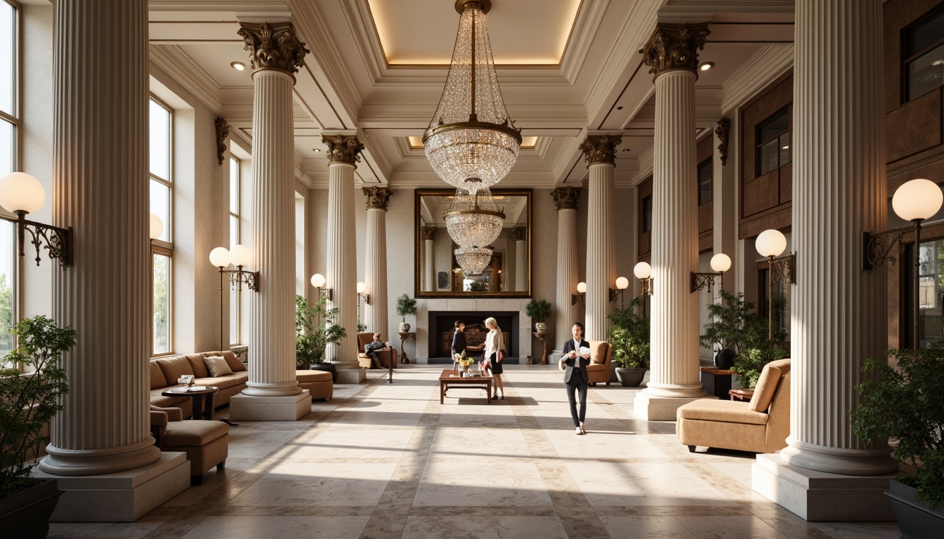 Prompt: Elegant office space, neoclassical architecture, ornate columns, high ceilings, marble flooring, crystal chandeliers, stylish pendant lights, bronze sconces, luxurious fabrics, rich wood tones, subtle gold accents, natural daylight, soft warm glow, 1/1 composition, shallow depth of field, realistic textures, ambient occlusion.