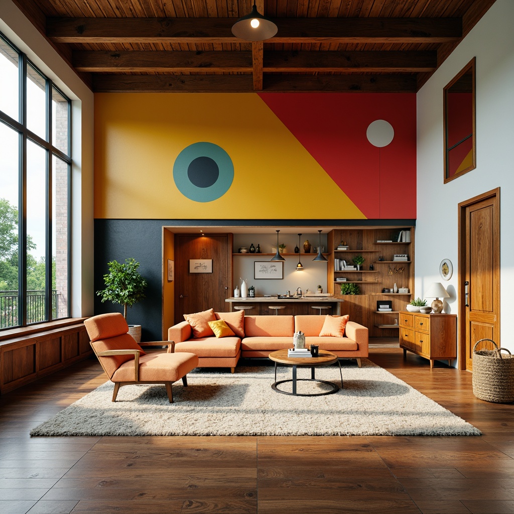 Prompt: Vibrant Bauhaus interior, bold geometric shapes, primary color accents, rich wood tones, sleek metal fixtures, minimalist decor, functional furniture, natural textiles, industrial chic atmosphere, high ceilings, large windows, abundant daylight, soft warm lighting, shallow depth of field, 3/4 composition, realistic textures, ambient occlusion.