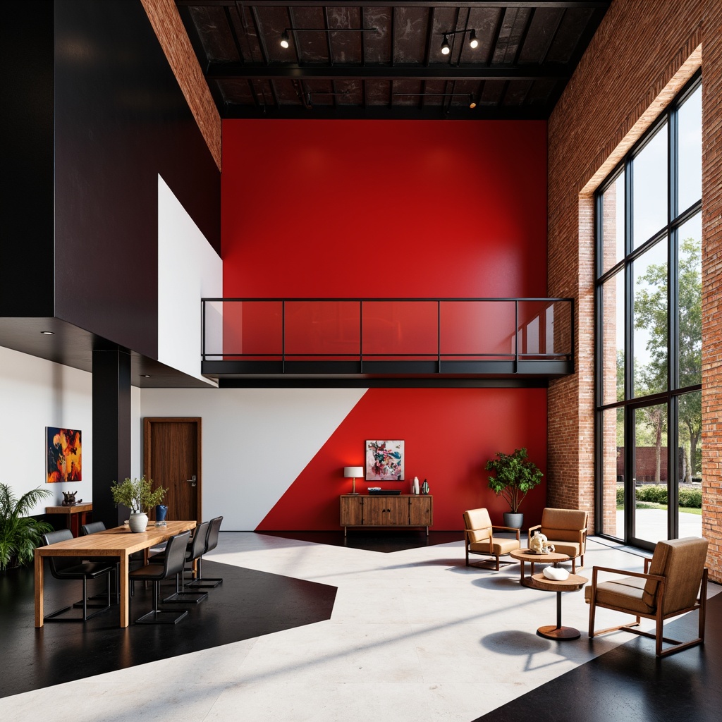 Prompt: Vibrant red accent walls, bold geometric shapes, industrial metal beams, exposed brick textures, modernist architecture, minimalist decor, functional furniture, primary color blocking, stark black and white contrasts, warm natural wood accents, innovative typography, avant-garde artistic expressions, dynamic diagonal compositions, abstract expressionist patterns, striking color contrasts, 1/1 composition, high-contrast lighting, dramatic shadows, bold graphic elements.