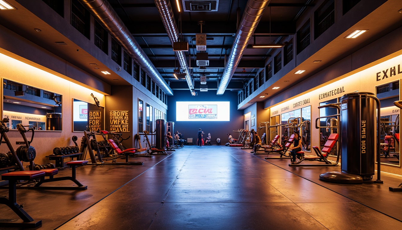 Prompt: Modern gym interior, bold industrial architecture, metallic equipment, neon accent lights, vibrant color scheme, energetic atmosphere, motivational quotes, athletic flooring, mirrored walls, sleek metal beams, contemporary lighting fixtures, abstract geometric patterns, intense contrast colors, warm beige tones, deep blues, fiery reds, electric yellows, high-contrast highlights, dramatic shadows, 1/1 composition, narrow depth of field, realistic textures, ambient occlusion.