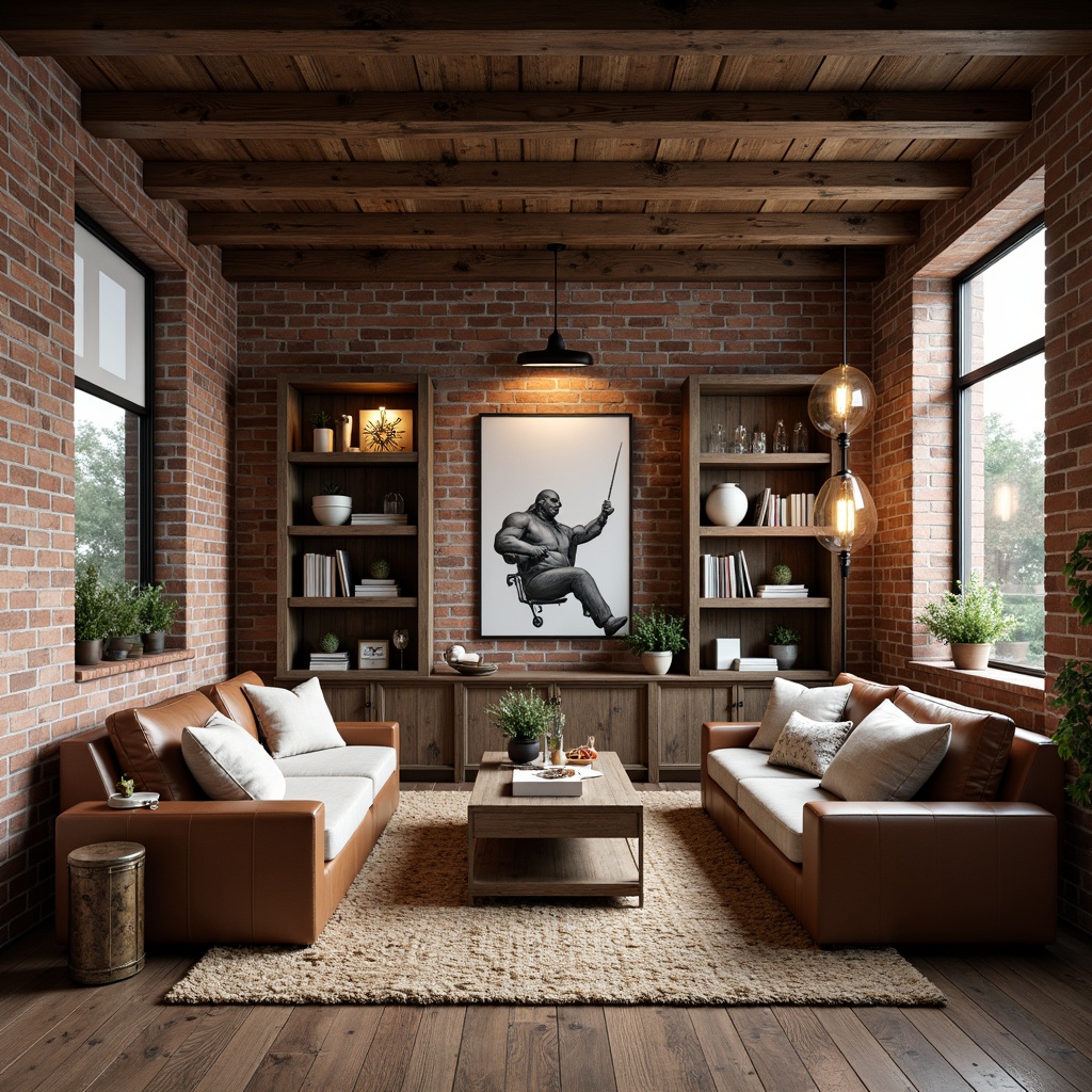 Prompt: Rustic loft interior, wooden beams, exposed brick walls, industrial metal accents, vintage decorative items, reclaimed wood furniture, distressed leather sofas, chunky woven rugs, Edison bulb lighting, natural linen upholstery, earthy color palette, cozy reading nooks, statement artwork, eclectic decorative accessories, functional shelving units, warm ambient lighting, shallow depth of field, 1/2 composition, realistic textures, soft focus effect.