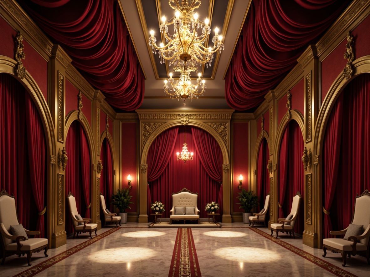 Prompt: Rich velvet drapes, golden ornate frames, grand chandeliers, wooden wall panels, intricate carvings, ornamental molding, luxurious fabrics, crimson red accent walls, polished marble floors, regal throne-like seating, majestic archways, dramatic spotlights, warm soft glow lighting, 1/2 composition, symmetrical balance, lavish decorations, classic traditional style, elegant simplicity.