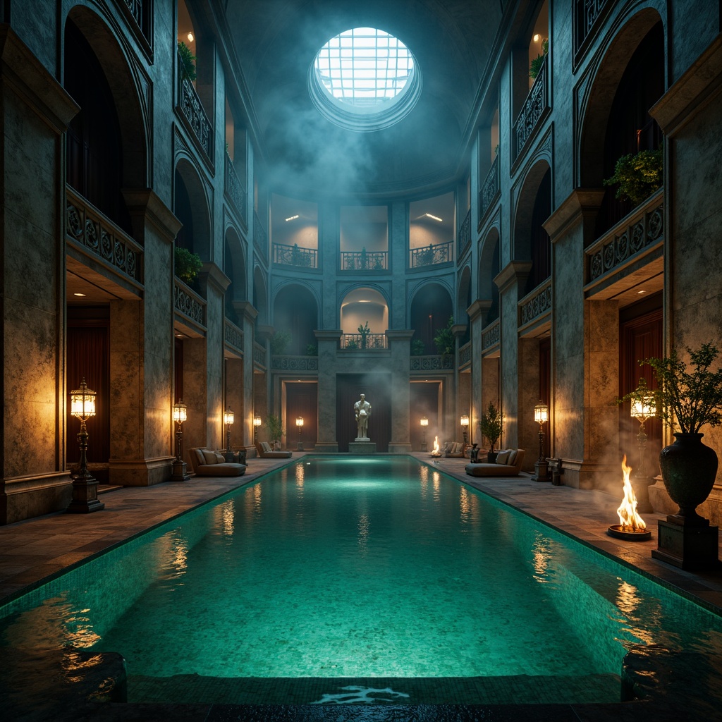 Prompt: Mysterious gothic pool, ornate stone carvings, dark turquoise water, misty atmosphere, eerie ambient lighting, flickering torches, warm golden spotlights, subtle LED strip lights, dramatic uplighting, grandiose archways, mystical fog effects, shimmering crystal accents, lavish velvet drapes, ancient-inspired statues, mysterious alcoves, moody color palette, 1/2 composition, cinematic framing, high contrast ratio, realistic reflections.