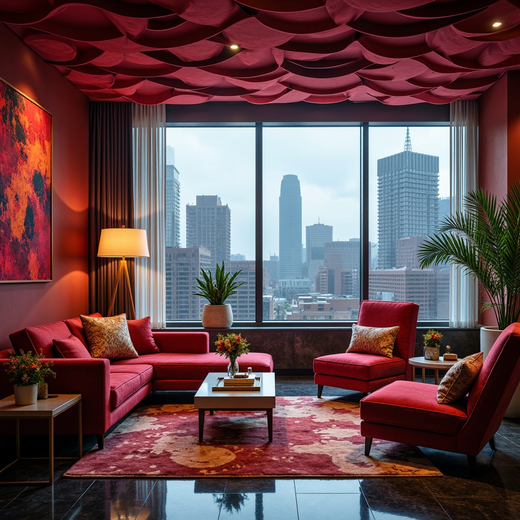 Prompt: Vibrant boutique hotel, luxurious amenities, bold color accents, rich velvet fabrics, metallic gold details, sleek modern furniture, urban cityscape views, floor-to-ceiling windows, polished marble floors, warm ambient lighting, soft focus photography, shallow depth of field, 1/2 composition, realistic textures, atmospheric fog.