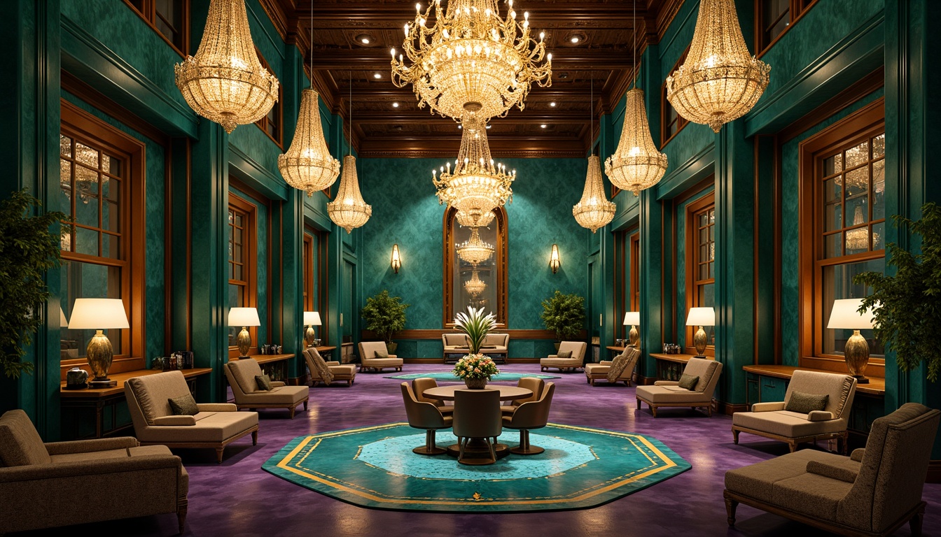 Prompt: Luxurious art deco center, opulent chandeliers, lavish furnishings, rich jewel-toned colors, emerald green walls, sapphire blue accents, amethyst purple highlights, metallic gold leafing, ornate geometric patterns, high-gloss finishes, velvety soft textures, dramatic spot lighting, 1/1 composition, low-angle shot, cinematic flair.