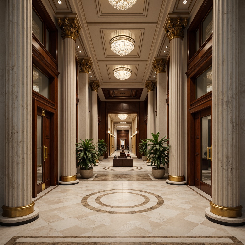 Prompt: Elegant office building, neoclassical architecture, grand entrance, ornate columns, intricate carvings, polished marble floors, high ceilings, symmetrical layout, spacious lobby, bronze door handles, crystal chandeliers, luxurious furnishings, rich wood paneling, subtle lighting, shallow depth of field, 1/2 composition, realistic textures, ambient occlusion.