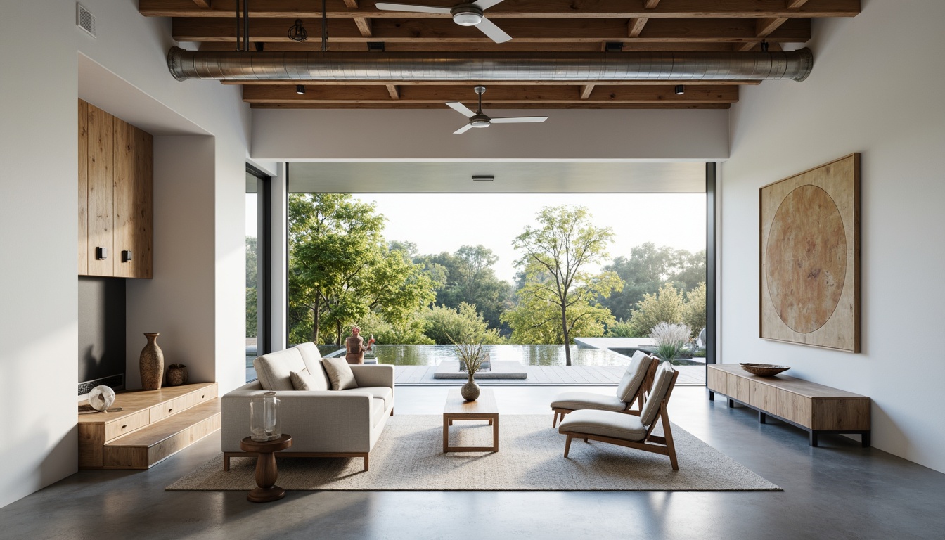 Prompt: Modern minimalist home interior, sleek lines, polished concrete floors, matte white walls, industrial chic exposed ductwork, reclaimed wood accents, metallic silver lighting fixtures, floor-to-ceiling windows, sliding glass doors, natural textiles, subtle patterns, monochromatic color scheme, ambient softbox lighting, 1/1 composition, shallow depth of field, realistic reflections, warm inviting atmosphere.