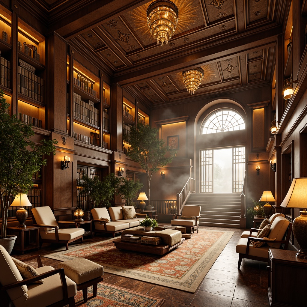 Prompt: Opulent library, ornate Art Deco style, lavish furnishings, intricate geometric patterns, luxurious textiles, rich wood paneling, grand chandeliers, ornamental metalwork, marble floors, sweeping staircases, majestic columns, dramatic archways, warm golden lighting, shallow depth of field, 1/1 composition, atmospheric mist, realistic reflections, ambient occlusion.