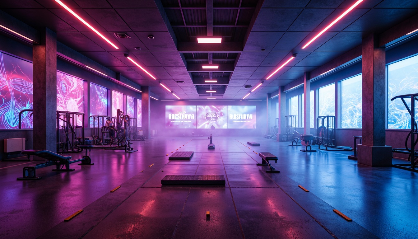 Prompt: Futuristic gym interior, neon-lit ambiance, dynamic LED lights, holographic displays, metallic floors, mirrored walls, angular lines, minimalist equipment, high-tech fitness machines, virtual reality training zones, interactive flooring, kinetic energy harvesting systems, atmospheric fog effects, dramatic color-changing lighting, 3/4 composition, shallow depth of field, panoramic view, realistic reflections, ambient occlusion.