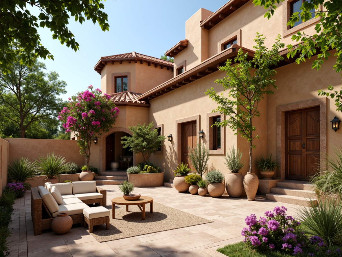 Prompt: Vibrant Mediterranean villa, warm beige stucco walls, rustic terracotta roofs, lush greenery, blooming bougainvillea, colorful ceramics, intricate geometric patterns, ornate wooden doors, distressed finishes, natural linen fabrics, earthy tone color palette, soft warm lighting, shallow depth of field, 3/4 composition, panoramic view, realistic textures, ambient occlusion.