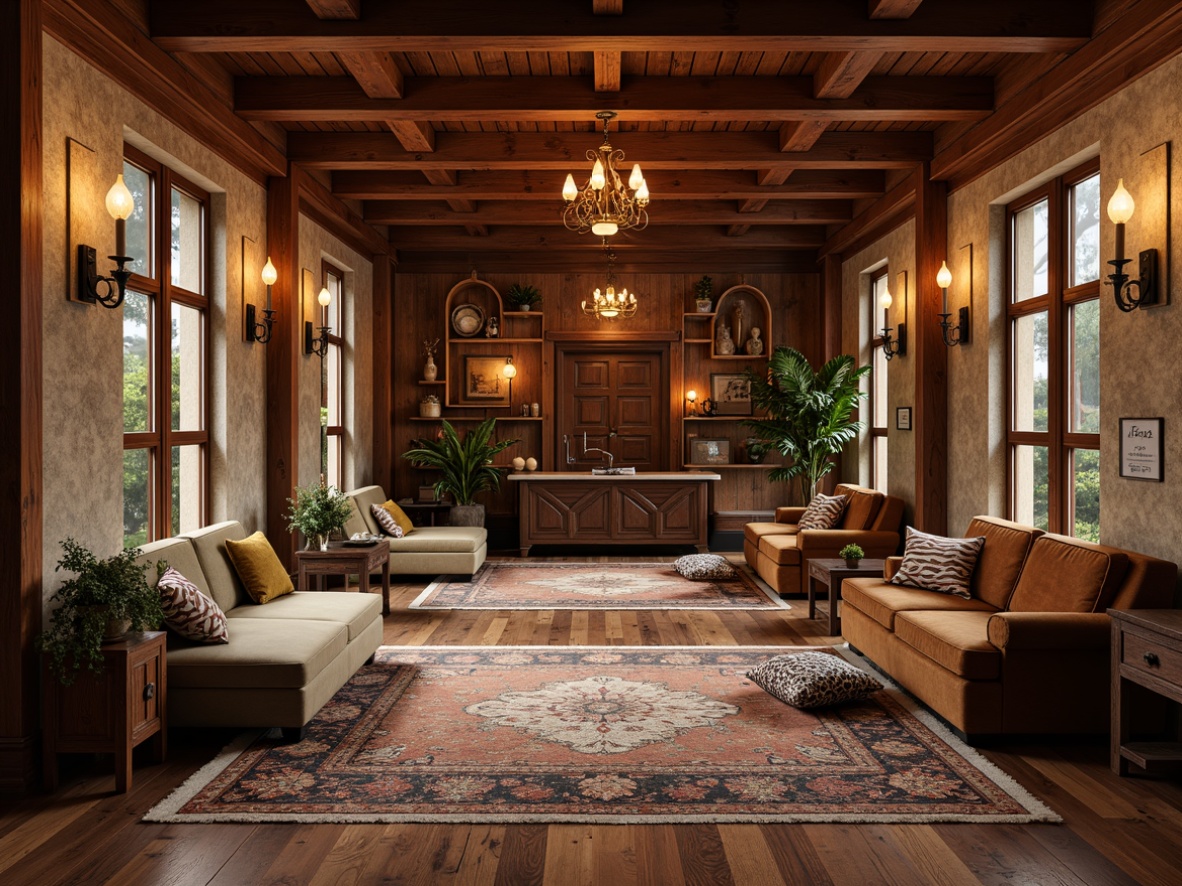 Prompt: Cozy lobby, warm wood accents, natural stone flooring, plush area rugs, comfortable seating areas, rustic wooden beams, earthy color palette, warm lighting fixtures, traditional craftsmanship, ornate metalwork, rich textiles, velvety sofas, reclaimed wood walls, vintage decorative items, soft warm glow, shallow depth of field, 2/3 composition, intimate atmosphere, realistic textures, ambient occlusion.