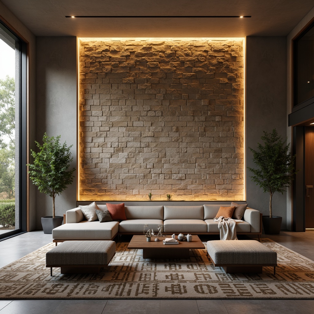 Prompt: Luxurious living room, modern stone wall feature, sleek LED lighting, natural stone textures, earthy tones, minimalist decor, industrial chic accents, polished concrete floors, geometric patterned rugs, low-profile sofas, tufted ottomans, metallic side tables, ambient warm lighting, shallow depth of field, 1/1 composition, realistic reflections, detailed normal maps.