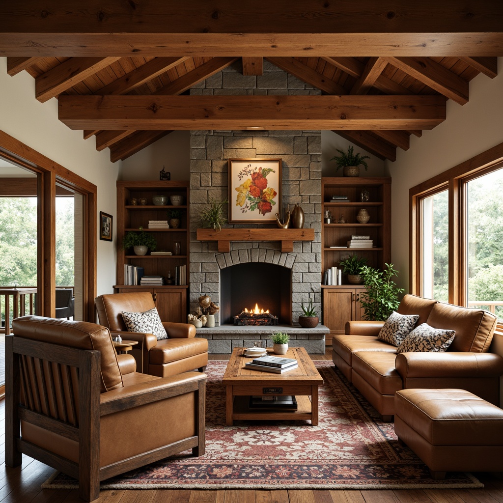 Prompt: Warm earthy tones, natural wood accents, exposed beams, wooden trusses, stone fireplaces, rustic metal hardware, rich leather upholstery, plush area rugs, warm bronze lighting fixtures, rough-hewn wood furniture, distressed finishes, vintage decor, classic craftsman details, built-in cabinetry, decorative trims, soft warm color palette, cozy reading nooks, comfortable window seats, natural textiles, organic patterns, 1/1 composition, warm soft focus, realistic textures.