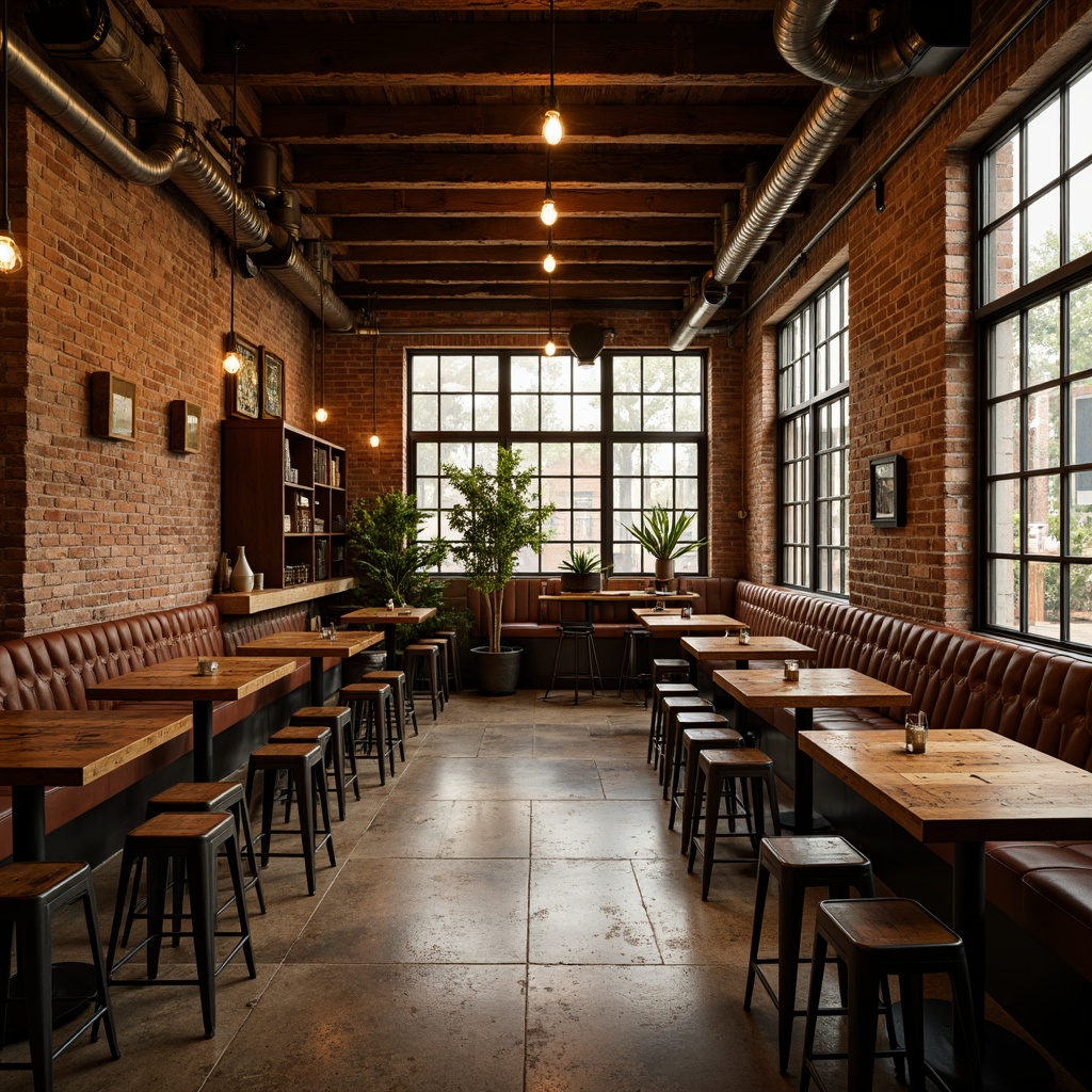 Prompt: Rustic wooden accents, distressed brick walls, vintage industrial lighting fixtures, rich leather upholstery, metal bar stools, reclaimed wood tables, earthy tone color palette, natural stone flooring, exposed ductwork, urban loft atmosphere, warm golden lighting, shallow depth of field, 1/2 composition, cinematic camera angle, realistic textures, ambient occlusion.