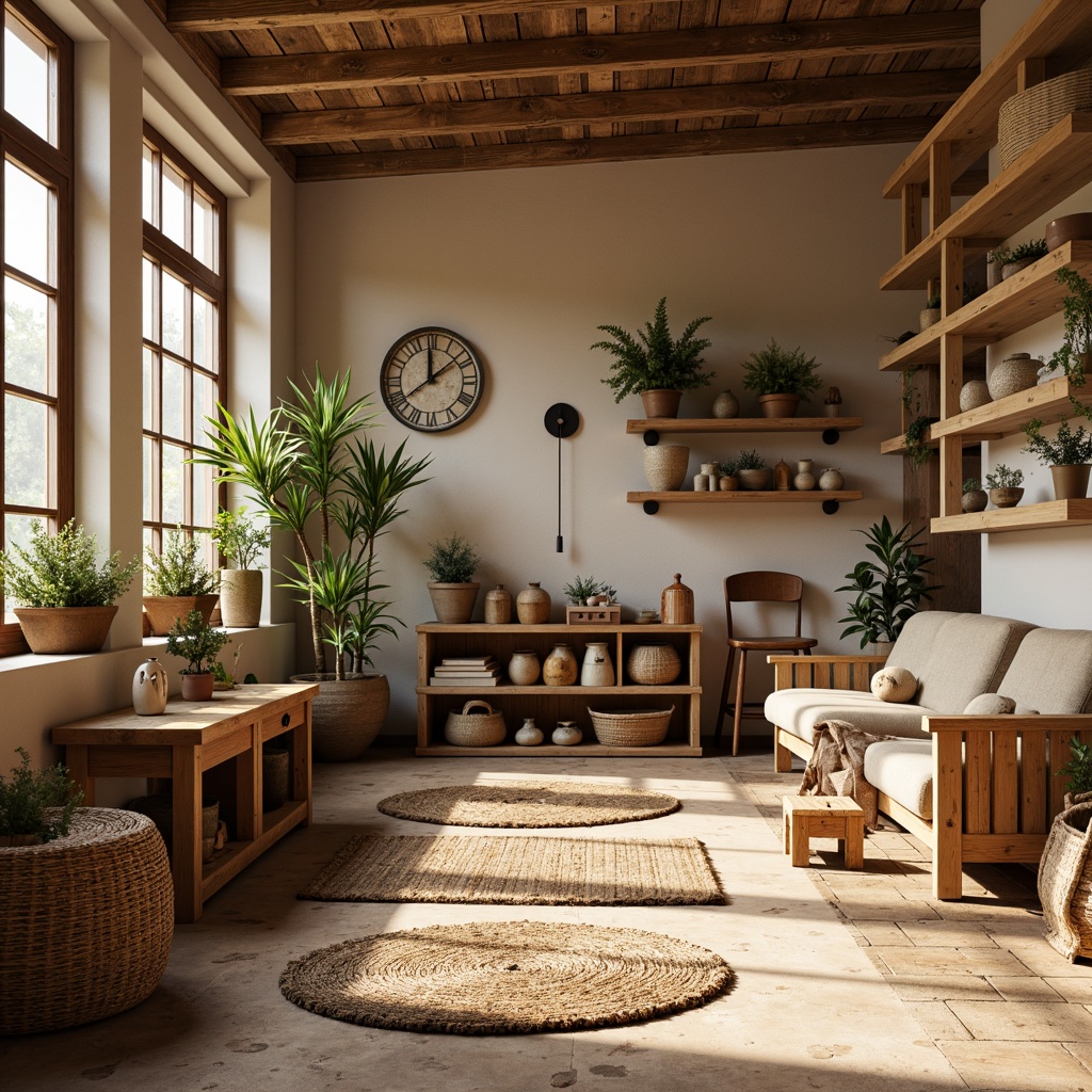 Prompt: Cozy kindergarten, natural wood accents, earthy color palette, vintage furniture, woven baskets, plush area rugs, reclaimed wood shelves, wooden educational toys, potted greenery, distressed metal decor, warm soft lighting, shallow depth of field, 1/1 composition, rustic textures, ambient occlusion.