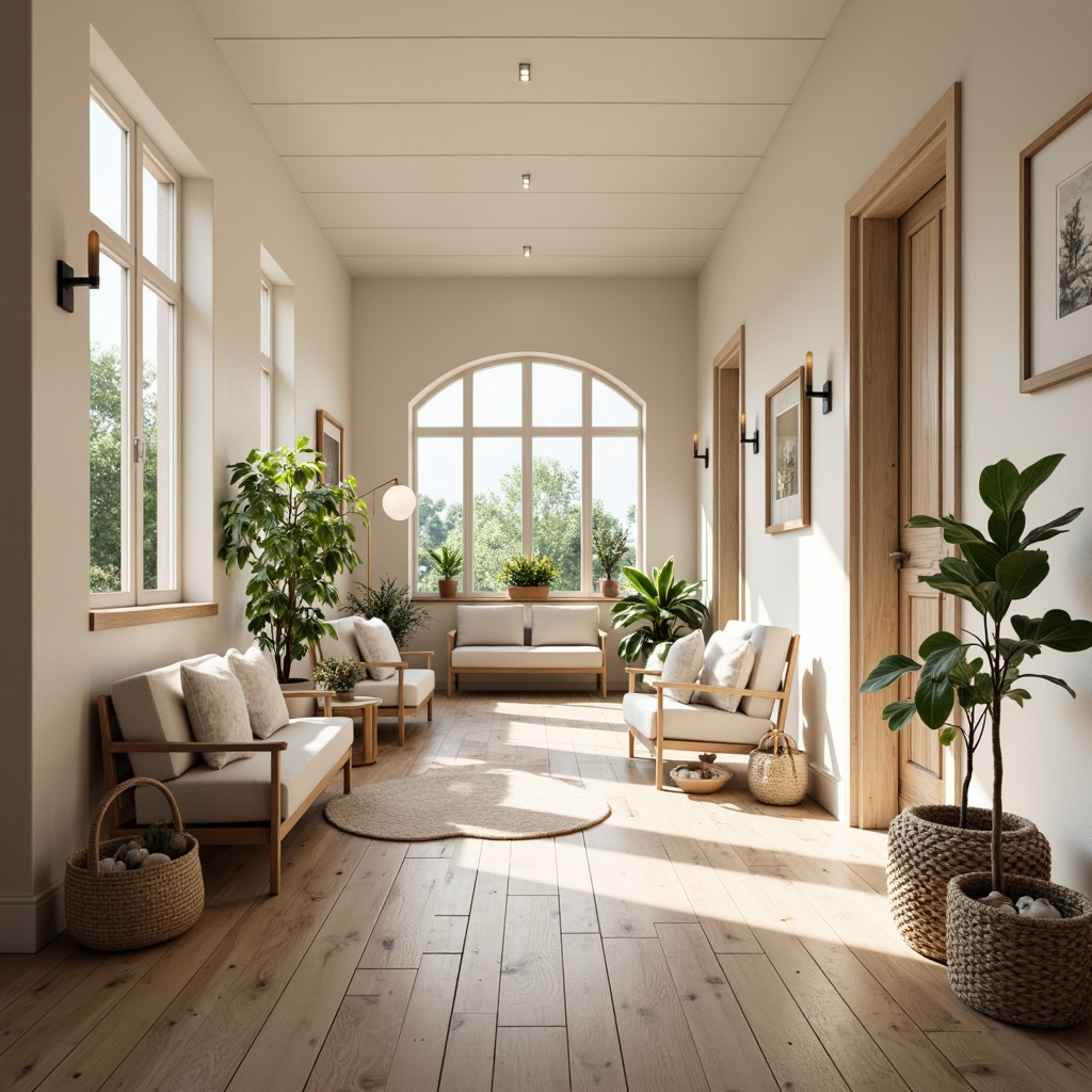 Prompt: Scandinavian style hall, natural wood tones, light oak floors, creamy white walls, soft gray furniture, warm beige accents, minimal ornamentation, simple lines, organic shapes, earthy color scheme, calm atmosphere, cozy textiles, woven baskets, greenery plants, large windows, abundant natural light, soft warm glow, shallow depth of field, 1/2 composition, realistic textures, ambient occlusion.