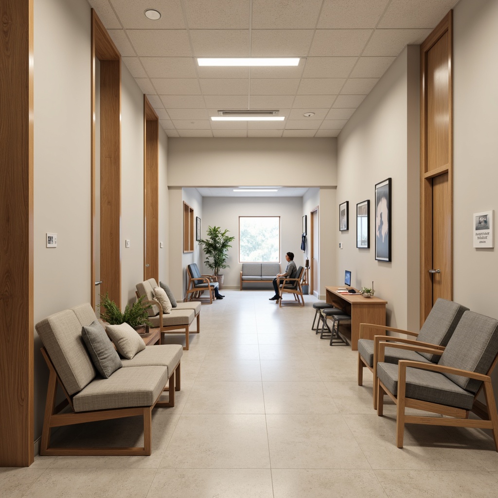 Prompt: Calming hospital interior, soothing color scheme, comfortable seating areas, ergonomic chairs, adjustable desks, natural wood accents, soft cushions, gentle lighting, minimalist decor, spacious corridors, easy navigation, clear signage, medical equipment integration, wheelchair accessibility, quiet waiting areas, peaceful ambiance, warm neutral tones, subtle textures, 1/1 composition, shallow depth of field, realistic rendering.