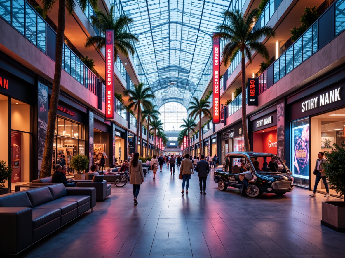 Prompt: Vibrant shopping mall, bold neon lights, sleek modern architecture, glass ceilings, polished marble floors, trendy storefronts, eye-catching advertisements, bustling atmosphere, urban cityscape, afternoon sunlight, soft warm glow, 1/2 composition, shallow depth of field, realistic textures, ambient occlusion.