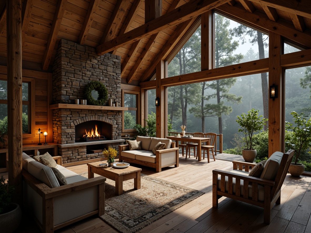 Prompt: Rustic wooden cabins, earthy tones, natural textures, reclaimed wood accents, stone fireplaces, vintage furniture, distressed metal decor, warm candlelight, cozy atmosphere, secluded forest surroundings, misty morning fog, soft warm lighting, shallow depth of field, 2/3 composition, realistic wood grain, ambient occlusion.