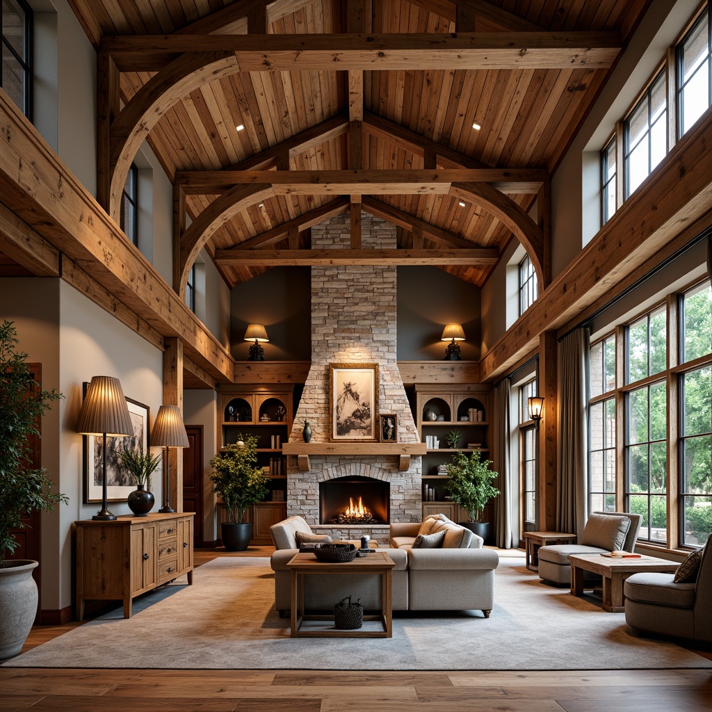 Prompt: Rustic wooden beams, exposed trusses, tapered columns, decorative trims, earthy color palette, natural stone foundations, brick facades, pitched roofs, overhanging eaves, dormer windows, double-hung windows, multi-paned windows, ornate metalwork, hand-forged door hardware, ceramic tile accents, built-in cabinetry, coffered ceilings, warm soft lighting, 1/1 composition, shallow depth of field, realistic textures, ambient occlusion.