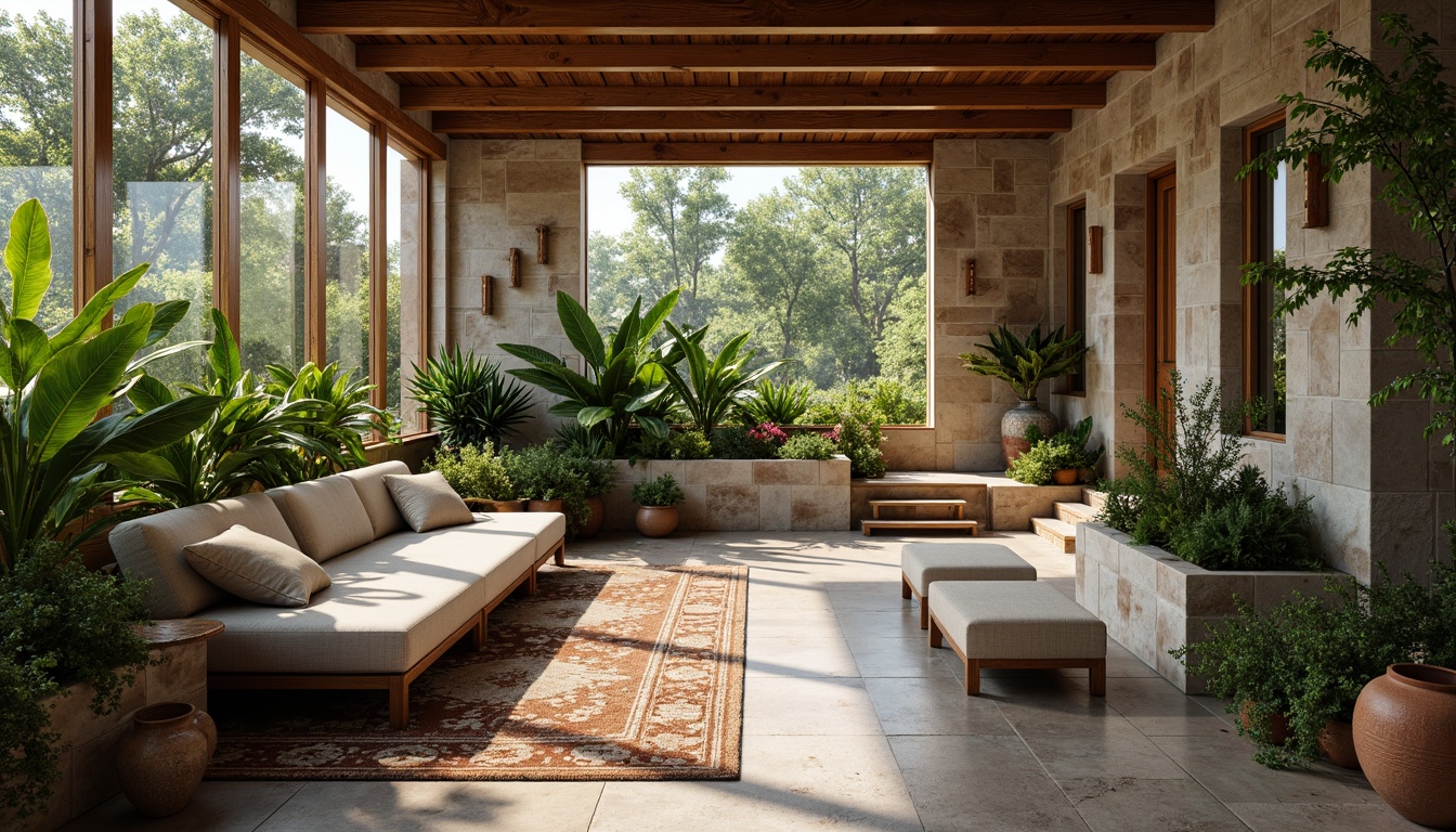 Prompt: Richly textured stone walls, reclaimed wood accents, natural fiber rugs, mid-century modern furniture, lush greenery, overflowing planters, geometric patterned ceramics, earthy terracotta pots, warm wooden ceiling beams, large skylights, soft diffused lighting, 1/1 composition, intimate atmosphere, realistic textures, ambient occlusion.