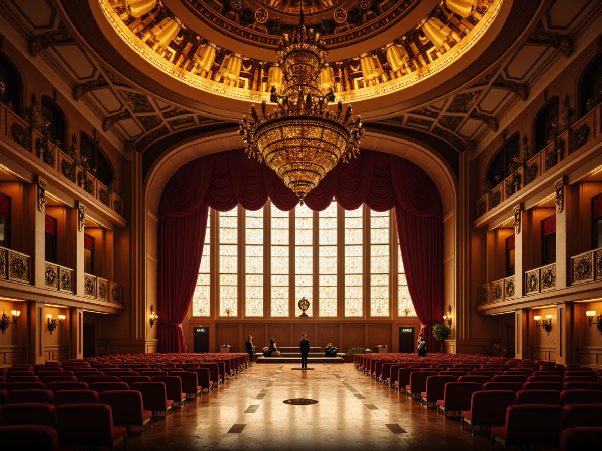 Prompt: Opulent auditorium, ornate chandeliers, delicate metalwork, flowing organic lines, warm golden lighting, intricate stained glass, grand stage, red velvet curtains, luxurious wooden panels, ornamental plasterwork, curved balconies, dramatic spotlights, soft diffused light, 1/1 composition, realistic reflections, ambient occlusion.