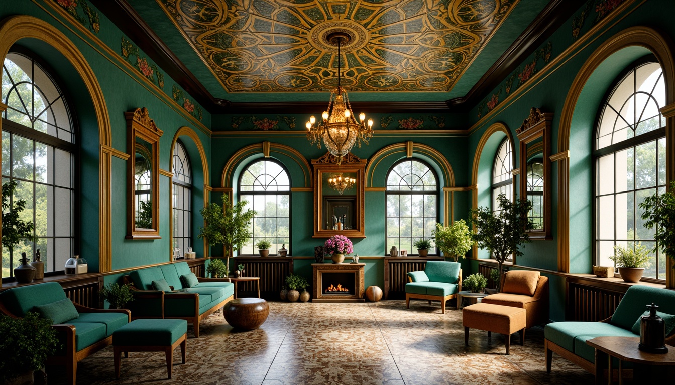 Prompt: Elegant Art Nouveau interior, rich jewel tones, emerald green walls, turquoise accents, golden metallic fixtures, ornate wooden furnishings, flowing organic patterns, sinuous lines, floral motifs, stained glass windows, warm soft lighting, vintage decorative accessories, luxurious velvet fabrics, intricate mosaic tiles, ornate plaster ceilings, grandiose chandeliers, sophisticated color harmony, 1/1 composition, intimate atmosphere, realistic textures, subtle ambient occlusion.