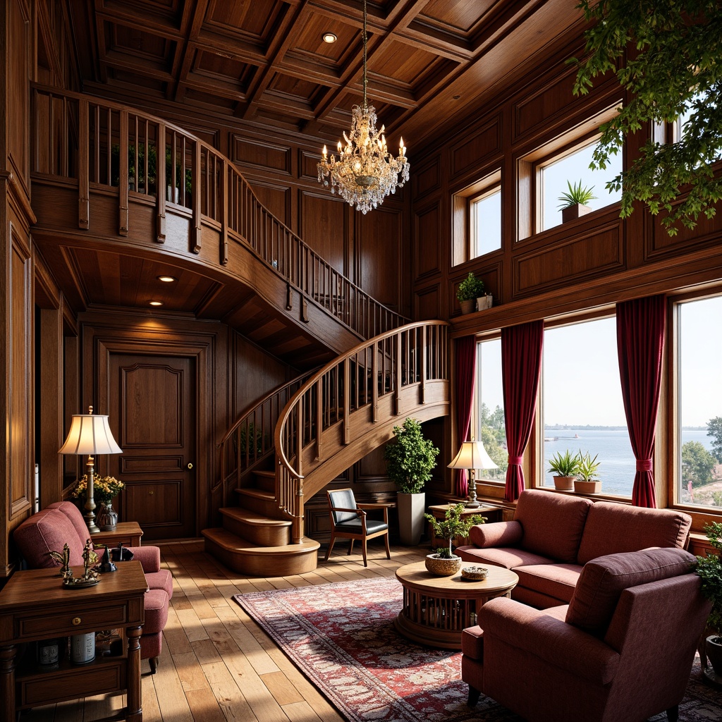 Prompt: Richly ornate boathouse interior, lavish wooden accents, intricately carved furnishings, golden fixtures, luxurious velvet drapes, opulent crystal chandeliers, Baroque-inspired patterns, soft warm lighting, shallow depth of field, 1/1 composition, realistic textures, ambient occlusion, grandiose staircase, curved balconies, ornate metalwork, distressed wood finishes, nautical-themed decor, vintage navigation instruments, lavish textiles, richly upholstered furniture, regal color palette.