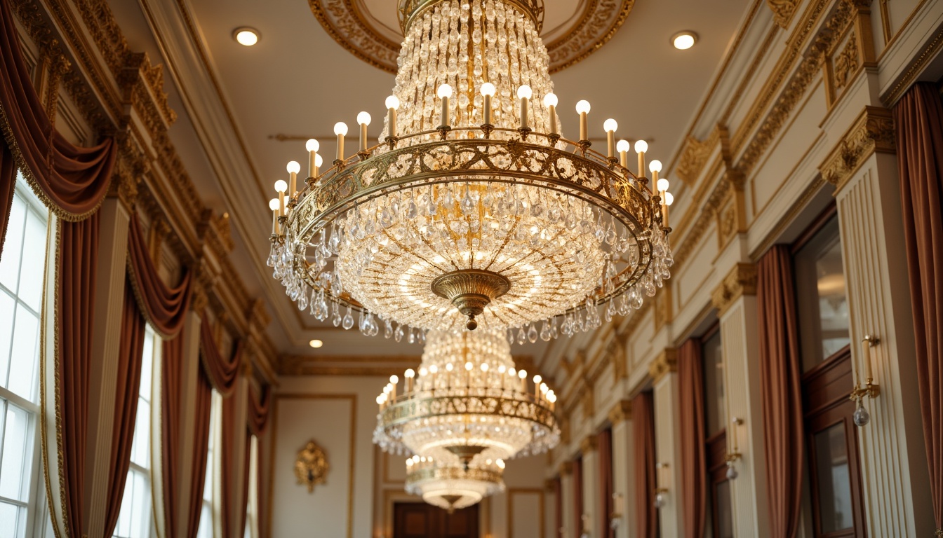 Prompt: Opulent chandeliers, crystal droplets, gilded metalwork, ornate details, soft warm glow, creamy whites, rich gold accents, luxurious fabrics, velvet drapes, intricate carvings, curved lines, Baroque inspirations, lavish decorations, grandiose scales, dramatic shadows, 1/1 composition, low-key lighting, subtle color palette.