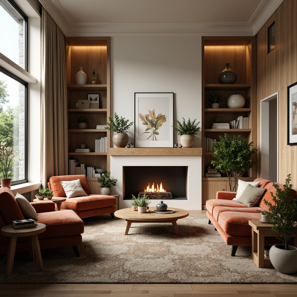 Prompt: Cozy living room, plush sofas, velvety armchairs, wooden coffee tables, potted plants, soft cushions, warm lighting, natural textures, earthy tones, minimalist decor, Scandinavian-inspired design, functional shelves, decorative vases, modern art pieces, comfortable reading nooks, inviting atmosphere, relaxing ambiance, 1/1 composition, shallow depth of field, realistic rendering.