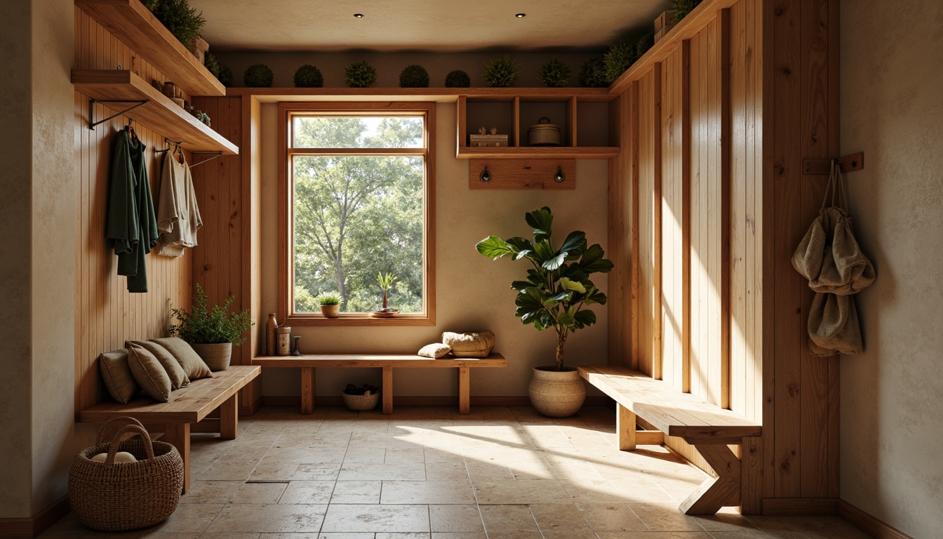 Prompt: Cozy mudroom, rustic wood accents, natural stone floors, earthy tones, warm beige walls, functional storage benches, waterproof flooring, durable ceramic tiles, slip-resistant surfaces, matte finish, subtle texture, soft warm lighting, 1/1 composition, realistic materials, ambient occlusion.