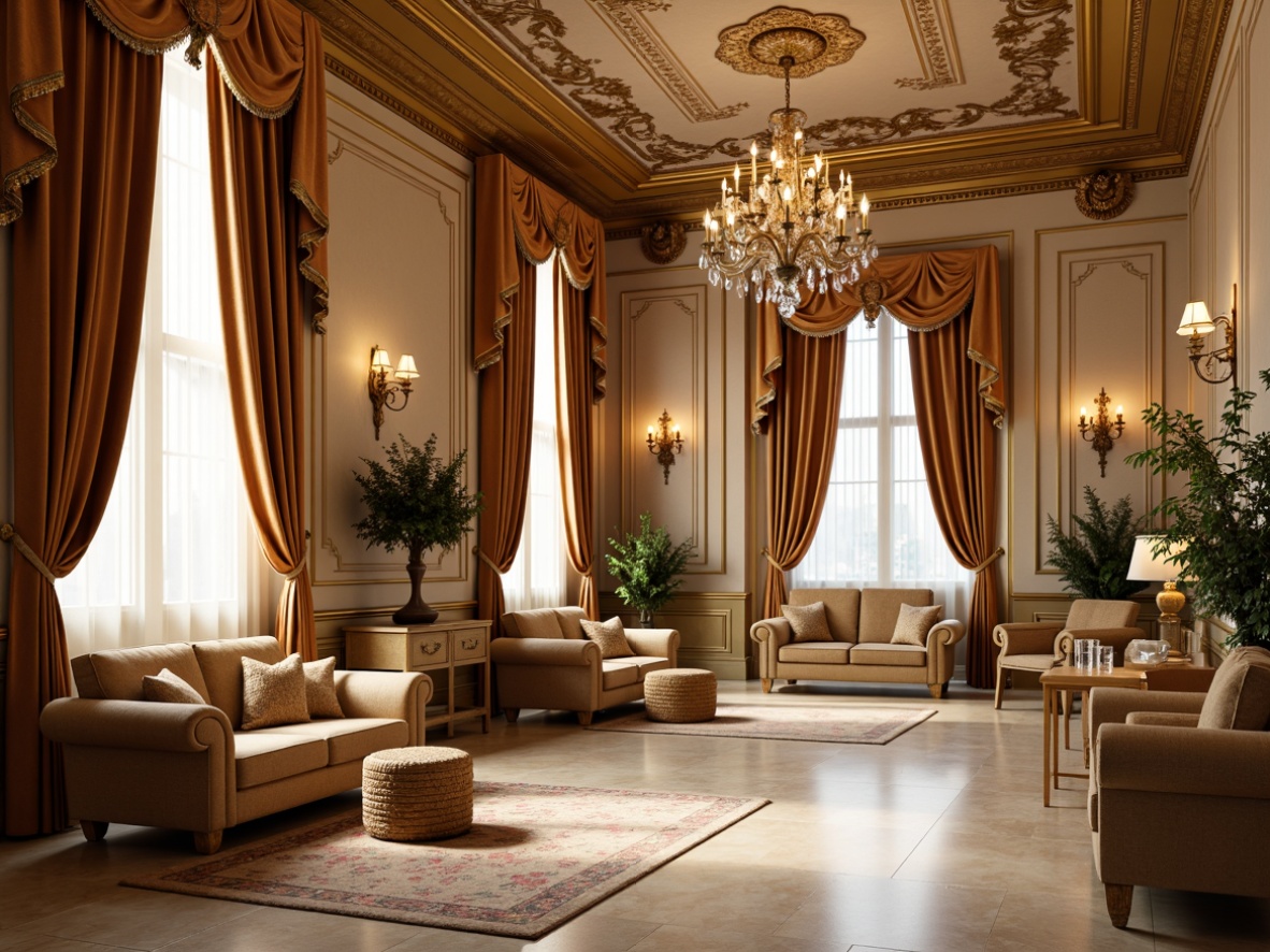 Prompt: Luxurious neoclassical interior, rich velvet fabrics, ornate patterns, golden accents, soft silk drapes, intricate embroidery, cream-colored marble floors, elegant crystal chandeliers, classic furnishings, carved wooden panels, subtle floral motifs, warm beige walls, refined satin finishes, subtle sheen effects, atmospheric lighting, soft focus, 1/2 composition, intimate framing.