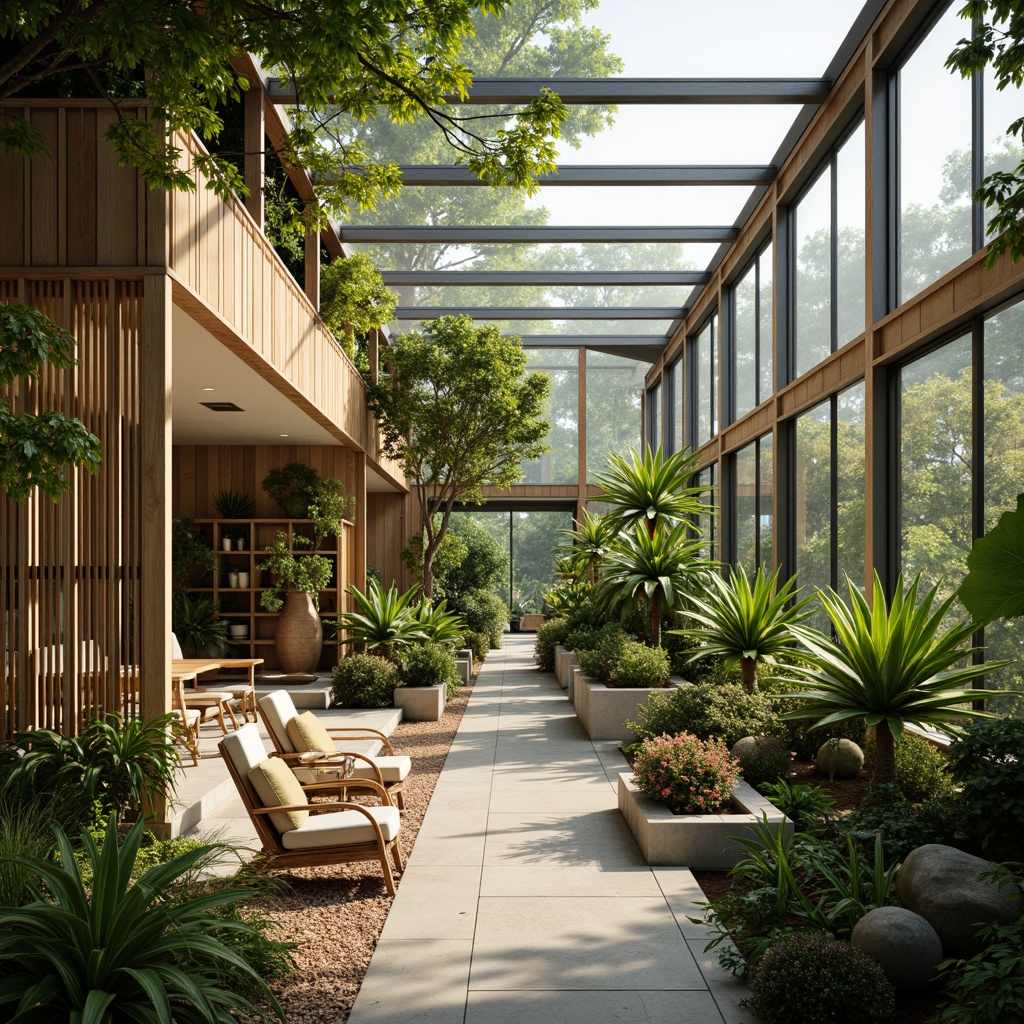 Prompt: Vibrant mid-century modern greenhouse, lush indoor plants, tropical foliage, natural wood accents, floor-to-ceiling glass windows, sleek metal frames, minimalist decor, organic shapes, earthy color palette, warm soft lighting, shallow depth of field, 3/4 composition, realistic textures, ambient occlusion, hanging planters, woven rattan furniture, potted succulents, airy open spaces, natural stone flooring, subtle water features.