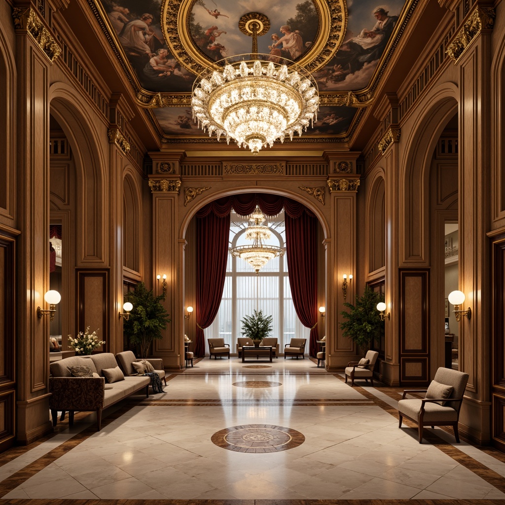 Prompt: Luxurious hotel lobby, grand chandelier, marble flooring, ornate columns, elegant archways, intricately carved wooden paneling, rich velvet drapes, gilded frames, neoclassical moldings, crystal sconces, fresco ceiling paintings, lavish furnishings, subtle warm lighting, shallow depth of field, 1/1 composition, realistic textures, ambient occlusion.