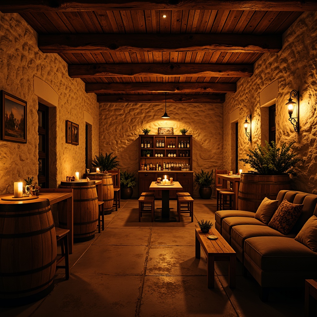 Prompt: Rustic winery interior, warm ambient lighting, soft golden glow, wooden barrels, vintage wine-making equipment, earthy tones, stone walls, dimly lit atmosphere, cozy nooks, plush furnishings, rich wood accents, ornate metalwork, intimate settings, candlelit tables, romantic ambiance, subtle shadows, 1/1 composition, shallow depth of field, warm color palette.