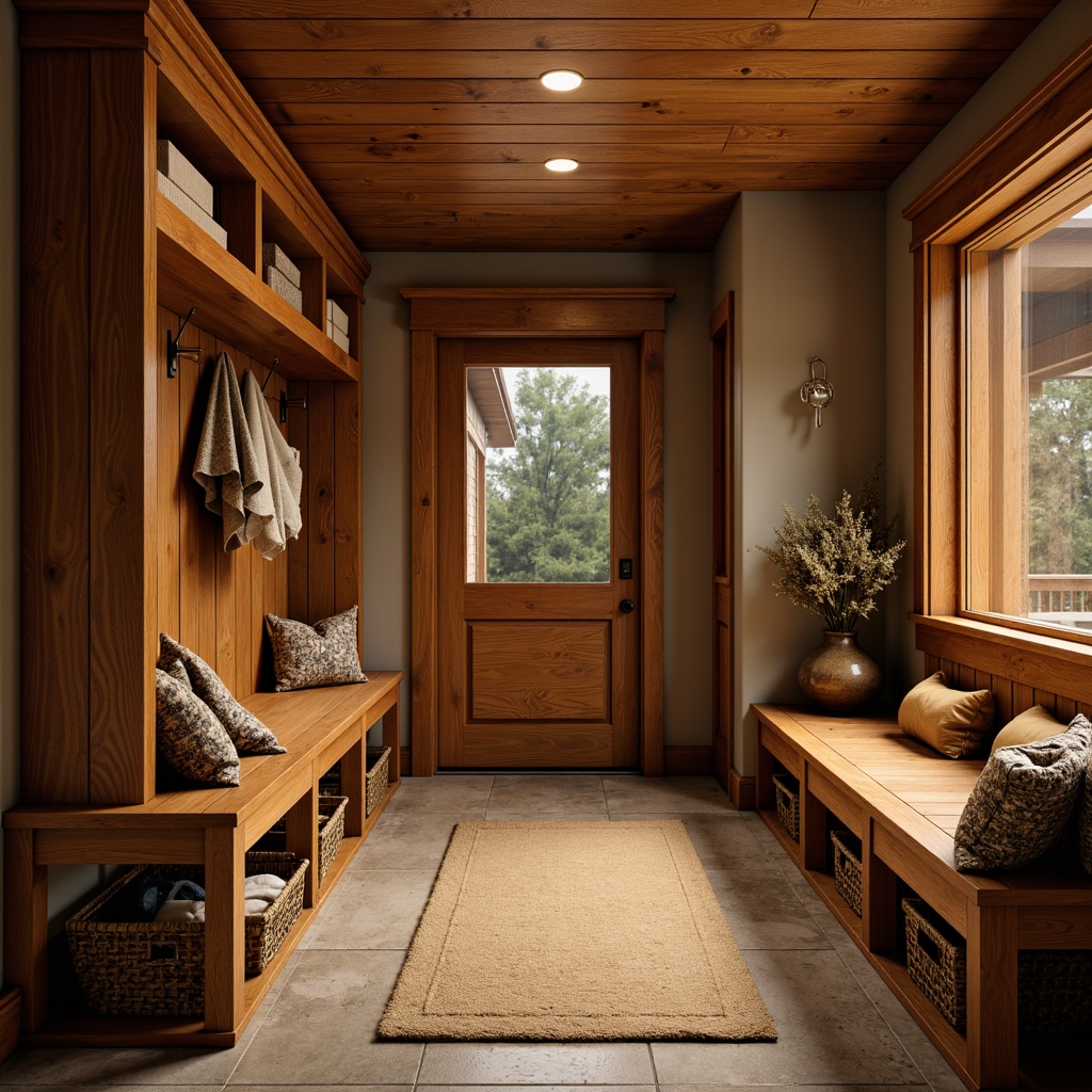 Prompt: Cozy mudroom, warm wooden accents, natural stone flooring, built-in cabinetry, rustic metal hooks, woven baskets, soft warm lighting, table lamps, floor lamps, recessed lighting, LED strips, ambient illumination, 3/4 composition, shallow depth of field, realistic textures, warm color tones, earthy atmosphere, inviting entryway, functional storage solutions.