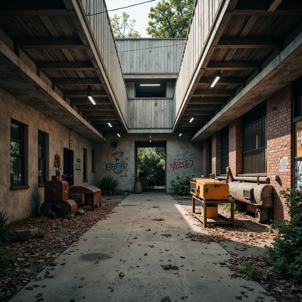 Prompt: Rustic industrial landscape, weathered concrete walls, exposed steel beams, corrugated metal roofs, distressed wooden planks, faded graffiti, worn brick facades, urban decay, abandoned machinery, vintage factory equipment, nostalgic color palette, earthy tones, muted reds, deep blues, industrial greens, rusty oranges, harsh lighting, high contrast, gritty textures, cinematic atmosphere, realistic wear and tear, 3/4 composition, shallow depth of field.