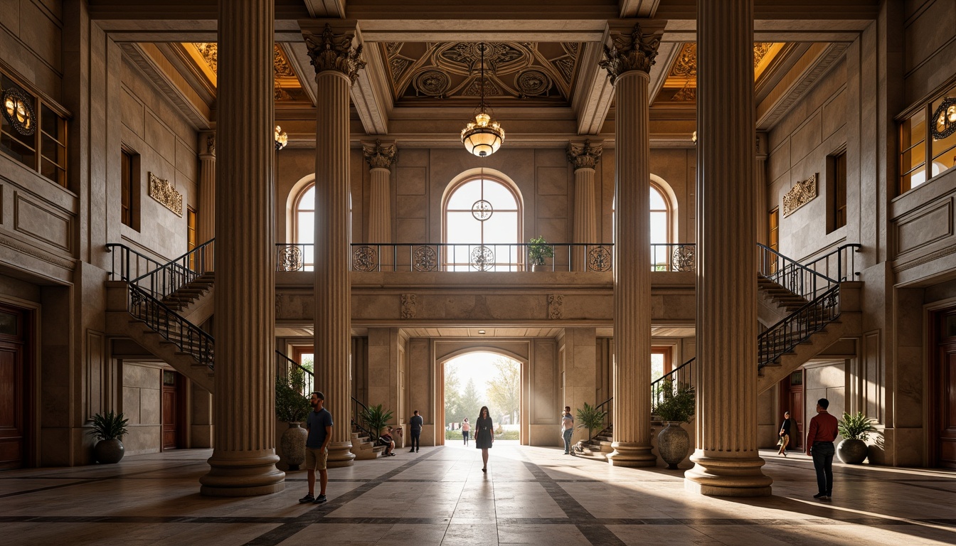 Prompt: Grandiose columns, ornate capitals, intricately carved stone facades, symmetrical compositions, majestic entranceways, sweeping staircases, elegant balconies, ornamental railings, polished marble floors, richly textured fabrics, subtle warm lighting, shallow depth of field, 2/3 composition, dramatic shadows, realistic renderings, ambient occlusion.