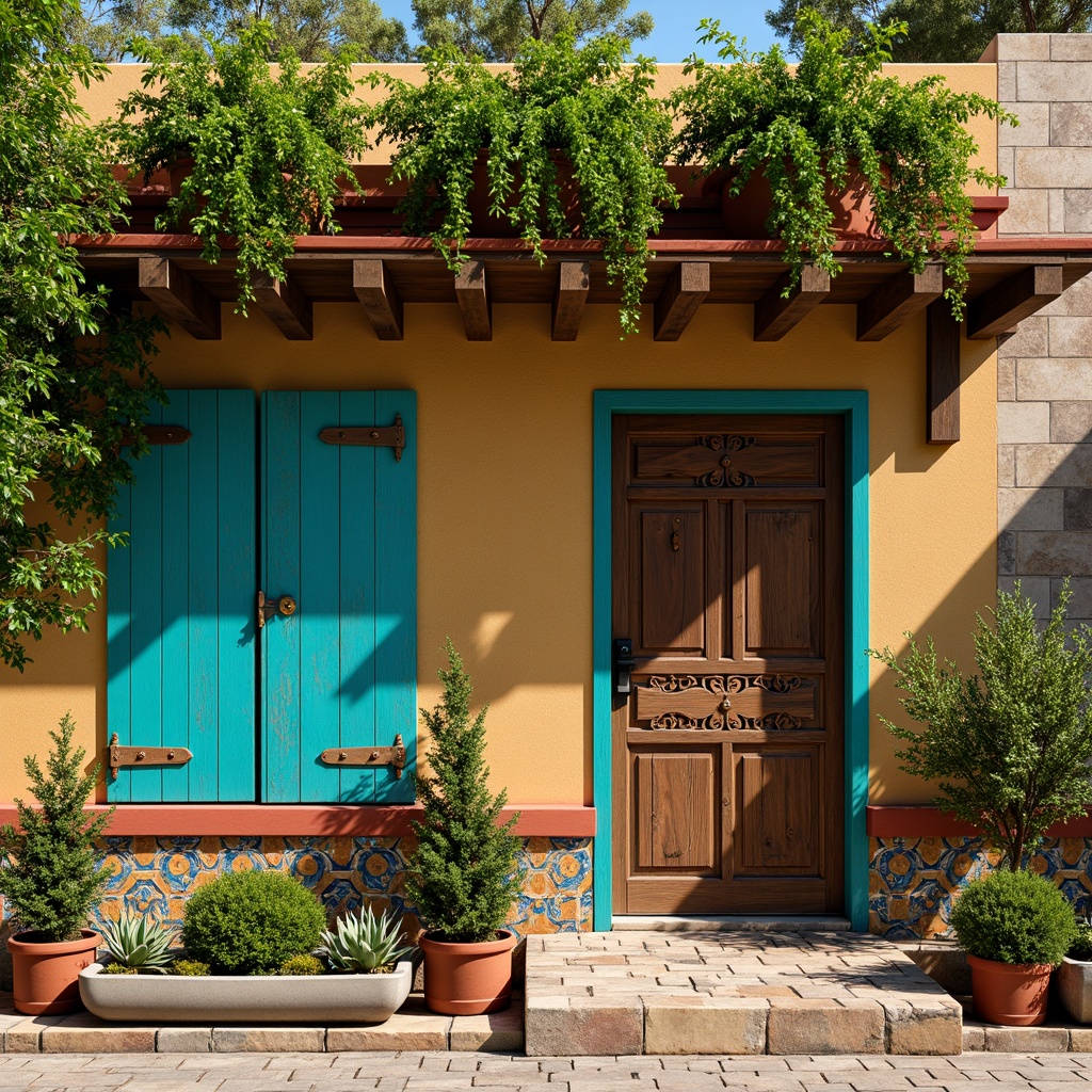 Prompt: Vibrant eclectic home exterior, bold bright colors, turquoise accents, warm beige stucco, rusty metal roof, distressed wood shutters, whimsical patterned tiles, ornate wooden doors, lush green vines, overflowing flower boxes, sunny afternoon light, soft natural shadows, 1/2 composition, intimate close-up shot, rich textures, warm atmospheric lighting.