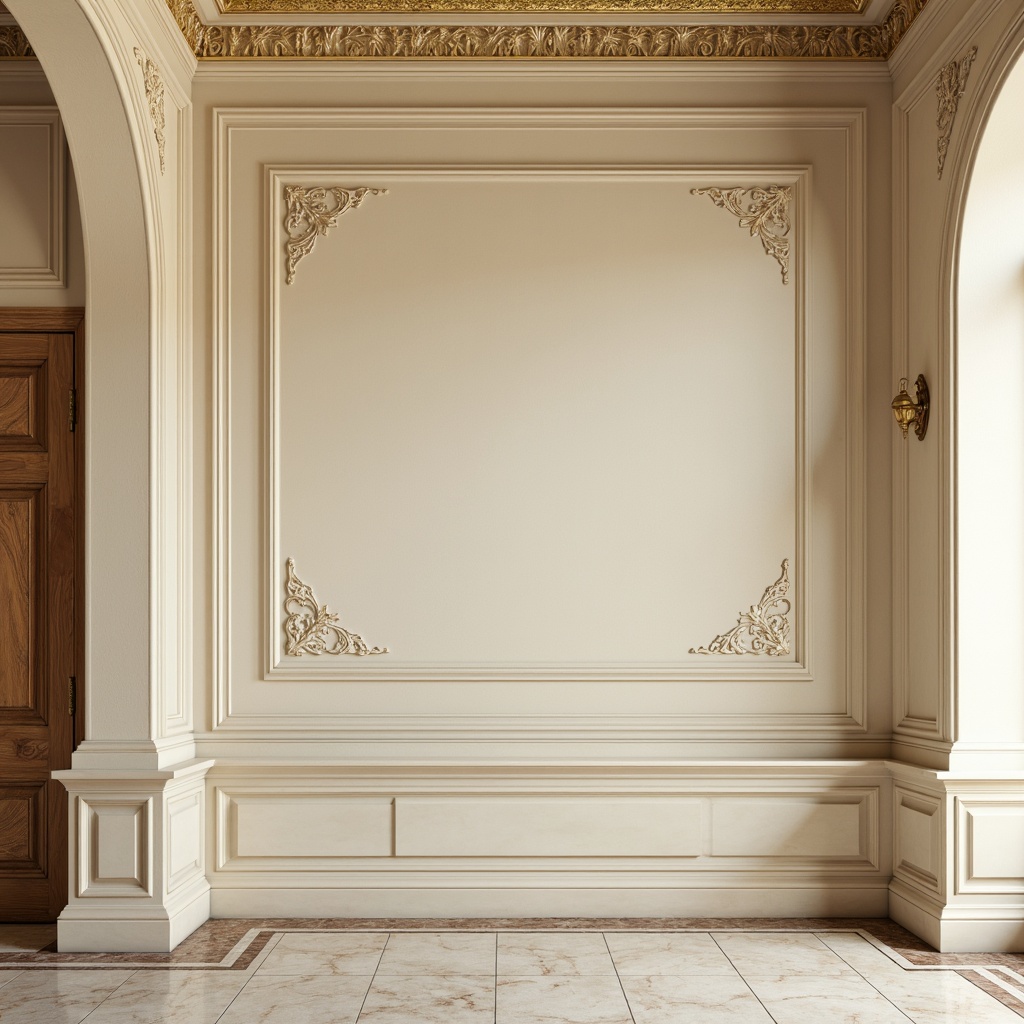 Prompt: \Elegant wall finishes, ornate moldings, refined plasterwork, subtle color palette, soft cream hues, rich wood paneling, intricate carvings, decorative wainscoting, luxurious marble flooring, subtle texture contrasts, classic architectural motifs, symmetrical compositions, grandiose columns, ornamental ceiling details, warm golden lighting, shallow depth of field, 1/1 composition, realistic textures, ambient occlusion.\